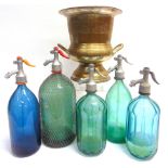 BREWERIANA - FIVE ASSORTED SODA SYPHONS each of green-blue glass, the largest 36.5cm high overall;