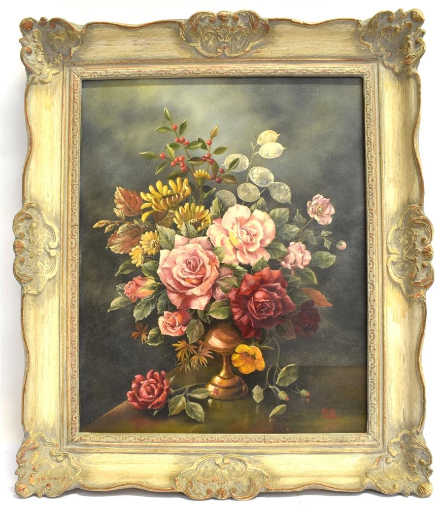 20TH CENTURY SCHOOL Still life of flowers Oil on board Indistinctly signed lower right 50cm x - Image 2 of 6