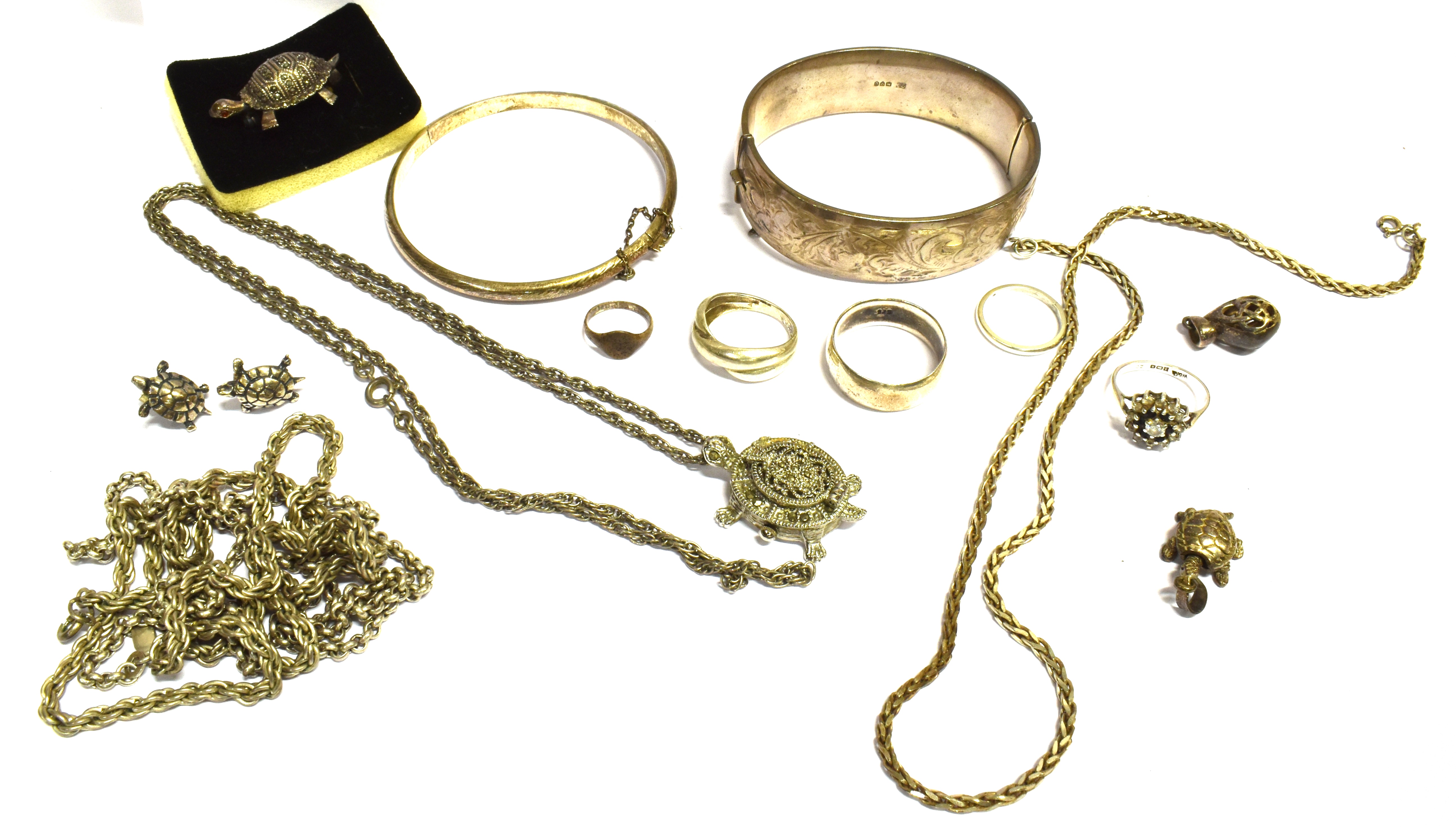 ITEMS OF SILVER JEWELLEY To include 5 rings, 2 hinged bangles, a marcasite tortoise brooch, a