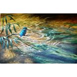 BERRISFORD HILL A Kingfisher perched on a branch overlooking a stream. Oil on canvas. Signed lower