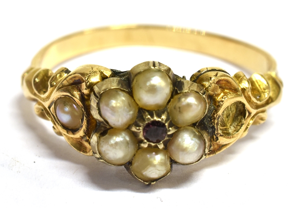 A VICTORIAN GARNET AND SEED PEARL CLUSTER RING unmarked, size N, gross weigh approx. 1.9 grams - Image 2 of 3