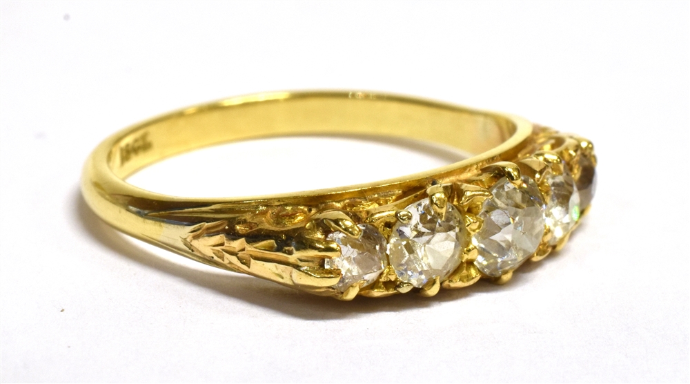A DIAMOND FIVE STONE 18CT GOLD RING the boat shaped head claw set with five graduating round old cut - Image 3 of 3