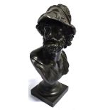 AFTER THE ANTIQUE: A BRONZE BUST OF AJAX OR MENELAUS on waisted socle with square base, 27cm high