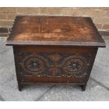 SMALL OAK COFFER, with carved decoration, 44cm x 54cm x 36cm