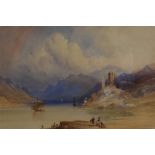 19TH CENTURY SCHOOL Figures and shipping in a Continental lake landscape Watercolour 22.5cm x