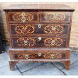 18TH CENTURY OYSTER WALNUT AND DUTCH MARQUETRY CHEST OF TWO SHORT, OVER TWO LONG DRAWERS, raised