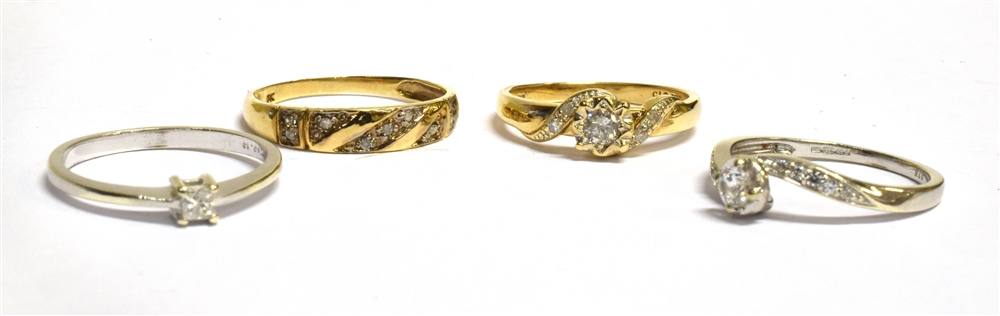 THREE DIAMOND SET 9CT GOLD RINGS Comprising two small diamond solitaires and a multi diamond set