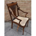 VICTORIAN MAHOGANY FRAMED ARM CHAIR, together with a mahogany and inlaid arm chair, the back with