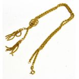 A 9CT GOLD ROPE CHAIN NECKLACE with double tassel drop, the double drop with tassel end from a