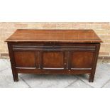 19TH CENTURY OAK COFFER with hinged top and three plain panels to the front and raised on square