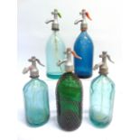 BREWERIANA - FIVE ASSORTED SODA SYPHONS each of green-blue glass, the largest 34.5cm high overall,