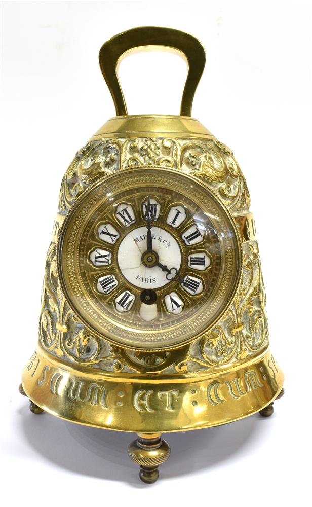 A BRASS MANTLE CLOCK IN THE FORM OF A BELL the enamel dial signed 'MAPLE & CO PARIS', the body