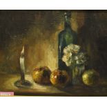 20TH CENTURY SCHOOL Still life with candle, bottle and fruit Oil on board 33.5cm x 42cm Condition