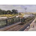 RAILWAYANA - BARRY FREEMAN, G.R.A. (BRITISH, B.1937) 'Heavyweights at Seaton', colour print,