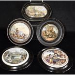 FIVE FRAMED STAFFORDSHIRE PRATTWARE POT LIDS including 'Youth and Age', 'Pheasant Shooting', '