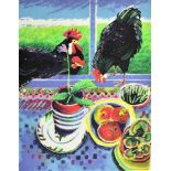 BRITISH SCHOOL (CONTEMPORARY) Three cockerels with apples and flowers colour print 47.5cm x 38.5cm