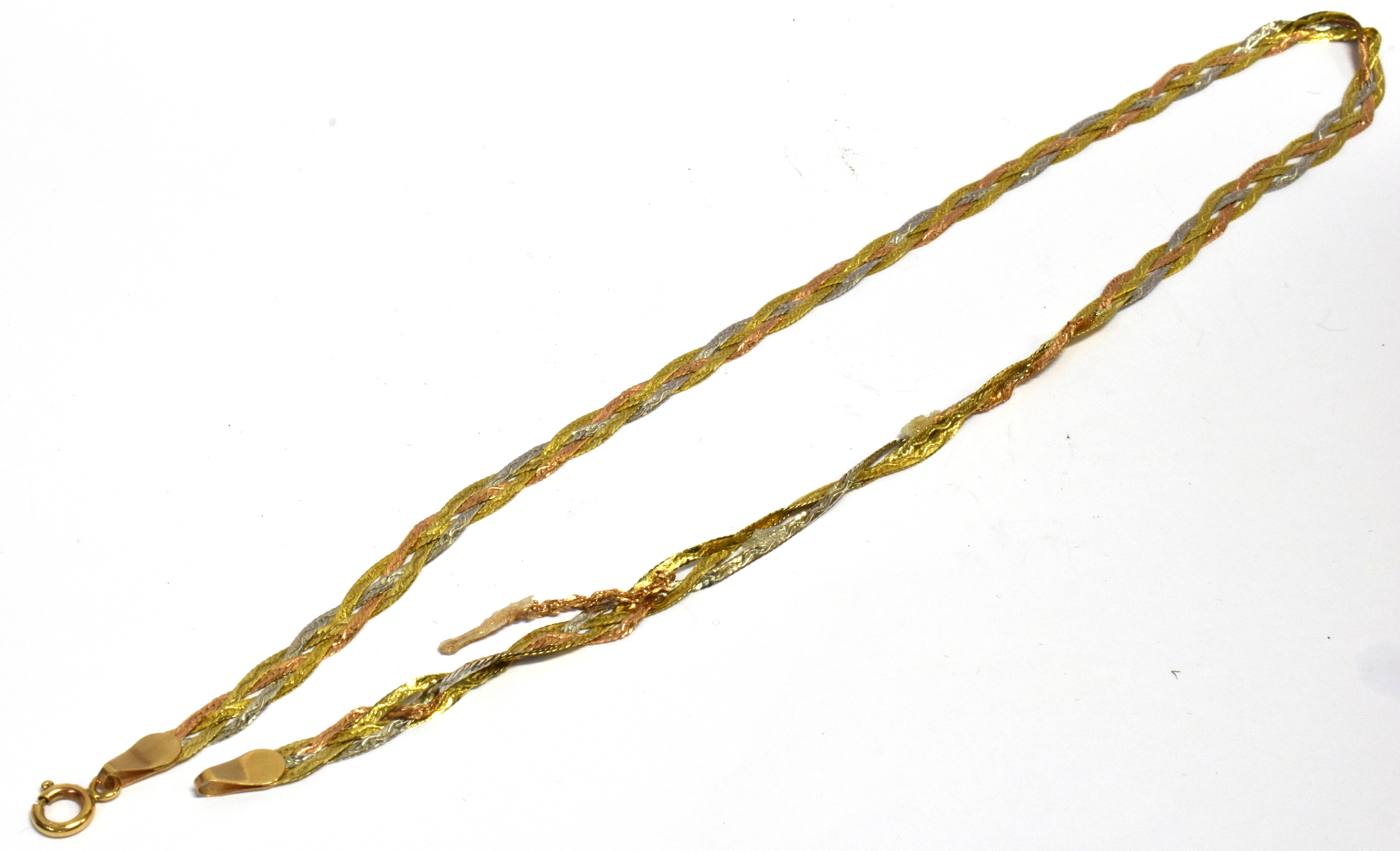 A 9CT THREE COLOUR GOLD NECKLACE the intertwined herringbone link three row chain to a bolt ring