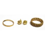 THREE ITEMS OF GOLD JEWELLERY Comprising a thin 22 ct band 1.7 grams, a 9ct gold white stone
