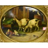 A VICTORIAN STYLE CONVEX OVAL PANEL decorated with a farmyard scene with goats, doves, and chickens,