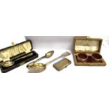 FIVE ITEMS OF SILVER WARE Comprising a boxed pair of Walker and Hall napkin rings, 3 with engraved