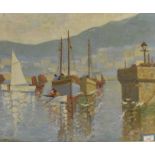 ROBERT DOUGLAS BURT (fl.1921-1937) Fishing Boats and Dinghy by the Harbour Walls Oil on canvas