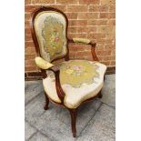 VICTORIAN MAHOGANY FRAMED UPHOLSTERED ARMCHAIR, together with a white painted chair and a pot