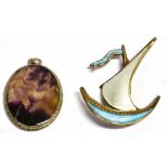 A NORWEGIAN SILVER AND ENAMEL LONGBOAT BROOCH together with a blue john set silver pendant Condition