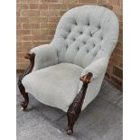 A VICTORIAN UPHOLSTERED BUTTON BACK ARMCHAIR in herringbone grey fabric, the cabriole front supports