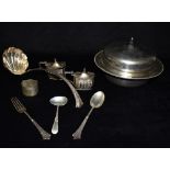 A PAIR OF SILVER MUSTARD POTS a silver fork and spoon set and a silver christening spoon, total
