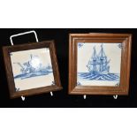 TWO 18TH CENTURY DUTCH DELFT TILES both held in wooden frames, one painted with a galleon, 12cm x