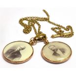 A PAIR OF EDWARDIAN 9CT GOLD FRAMED PICTURE PENDANTS and chain, the glazed pendants hallmarked 1906,