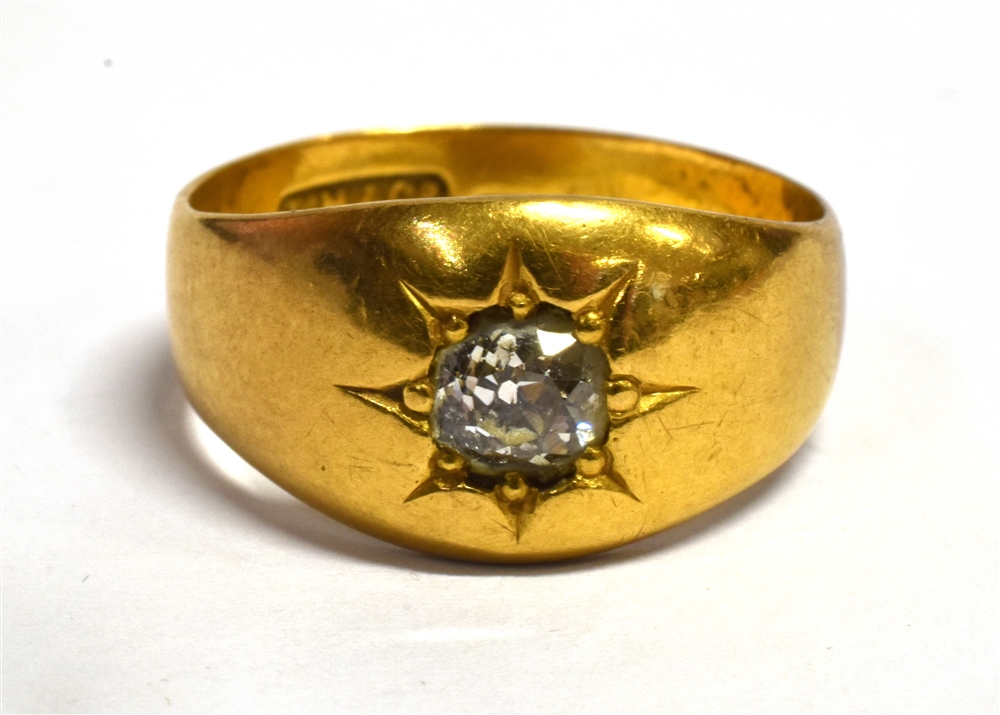 A DIAMOND SOLITAIRE 22CT GOLD SIGNET RING the off round old cut diamond approx. 0.50 carat gypsy - Image 2 of 4