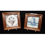 TWO FRAMED DUTCH DELFT TILES one painted with a ship,12cm square, the other with floral manganese