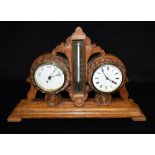 A CARVED OAK CASED CLOCK/BAROMETER/THERMOMETER the clock and barometer with rope effect surrounds,