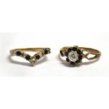 TWO 9CT GOLD SAPPHIRE AND WHITE STONE DRESS RINGS comprising a cluster ring, size N, and a