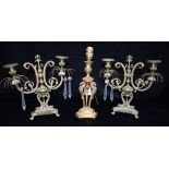 A PAIR OF REGENCY STYLE TWO LIGHT CANDLESTICKS originally with glass drops, 26cm high; together with