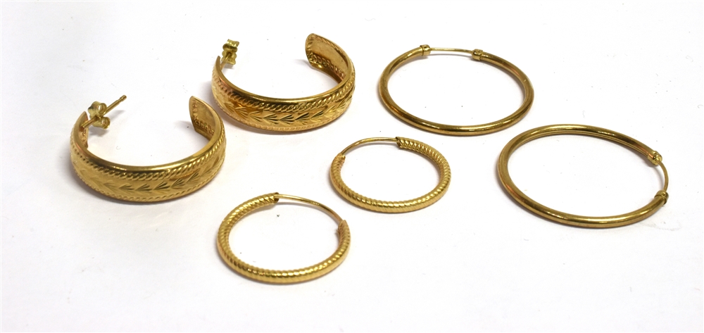 THREE PAIRS OF 9CT GOLD HOOP EARRINGS 30mm, 27mm and 20mm diameter Total weight of approx. 3.7 grams