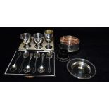 S3856 - 5 FIVE ITEMS OF SILVER Comprising a boxed set of 6 teaspoons, 2 egg cups, a bottle