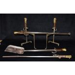 A GROUP OF FIRE IRONS CONVERTED FROM 19TH CENTURY FRENCH BAYONETS, comprising pair andirons,