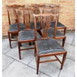 SIX MAHOGANY DINING CHAIRS, with tulip shaped backs and drop in leather seats, 94cm high