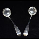 A PAIR OF SCOTTISH GEORGIAN SILVER SMALL LADLES of plain fiddle pattern, Edinburgh Hallmark for