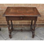 OAK HALL TABLE, with a single frieze drawer raised on turned legs united by a stretcher, 67cm x 71cm