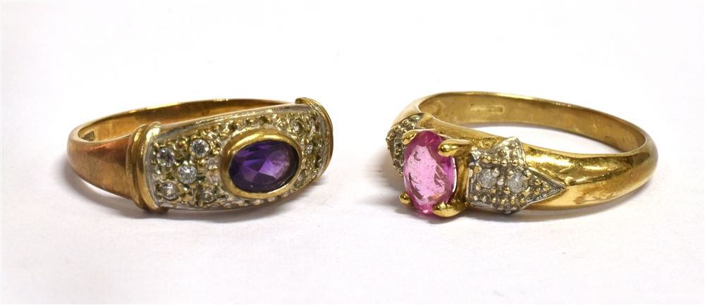 TWO 9 CARAT GOLD DRESS RING comprising a pink stone 6mm x 4mm with small diamond set shoulders, size - Image 2 of 2