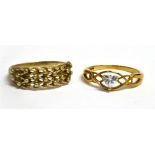 TWO 9CT GOLD DRESS RINGS comprising a white single stone, size O, and a keeper ring, size S, total