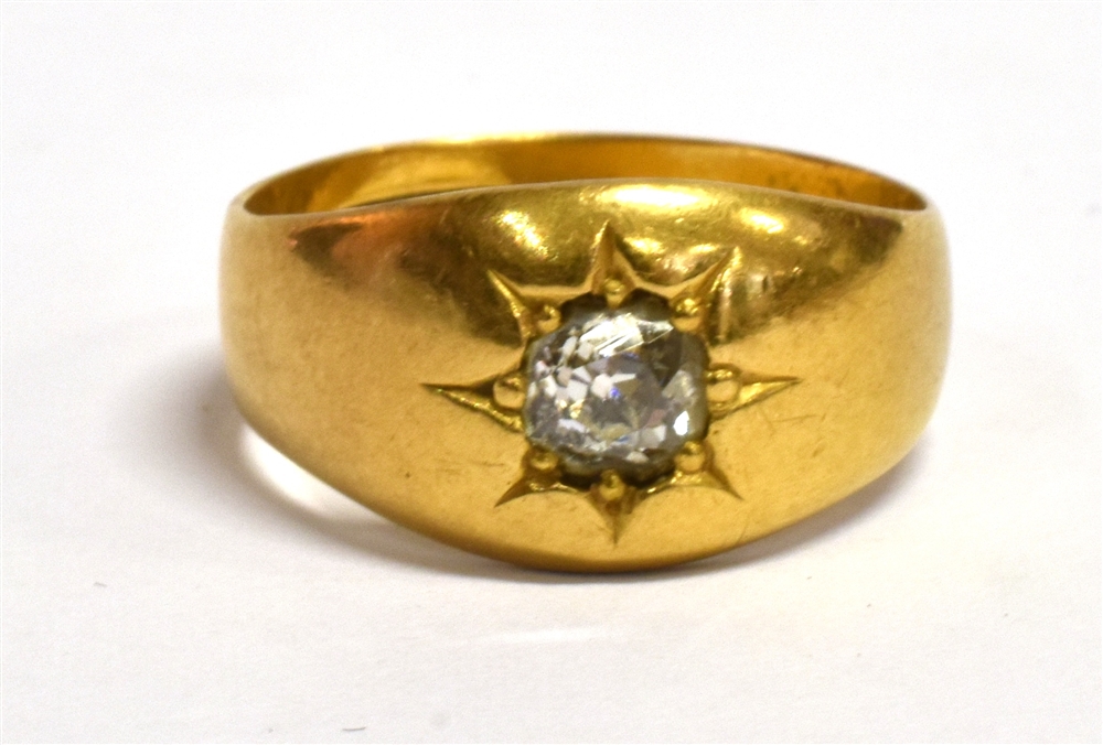 A DIAMOND SOLITAIRE 22CT GOLD SIGNET RING the off round old cut diamond approx. 0.50 carat gypsy