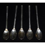 A SET OF FIVE LOUIS OSMAN BRITANNIA SILVER COFFEE SPOONS The designer spoons with plain square