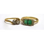 9CT GOLD DRESS RINGS comprising a two white stone crossover, size J ½, and a green and white stone