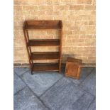 AN OAK OPEN FOUR TIER BOOKCASE, 98cm x 56cm x 20cm, together with a small table top cupboard, 40cm x