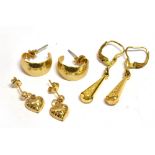 THREE PAIRS OF 9CT GOLD EARRINGS Comprising 2 pairs of drops and a pair of half hoops, total