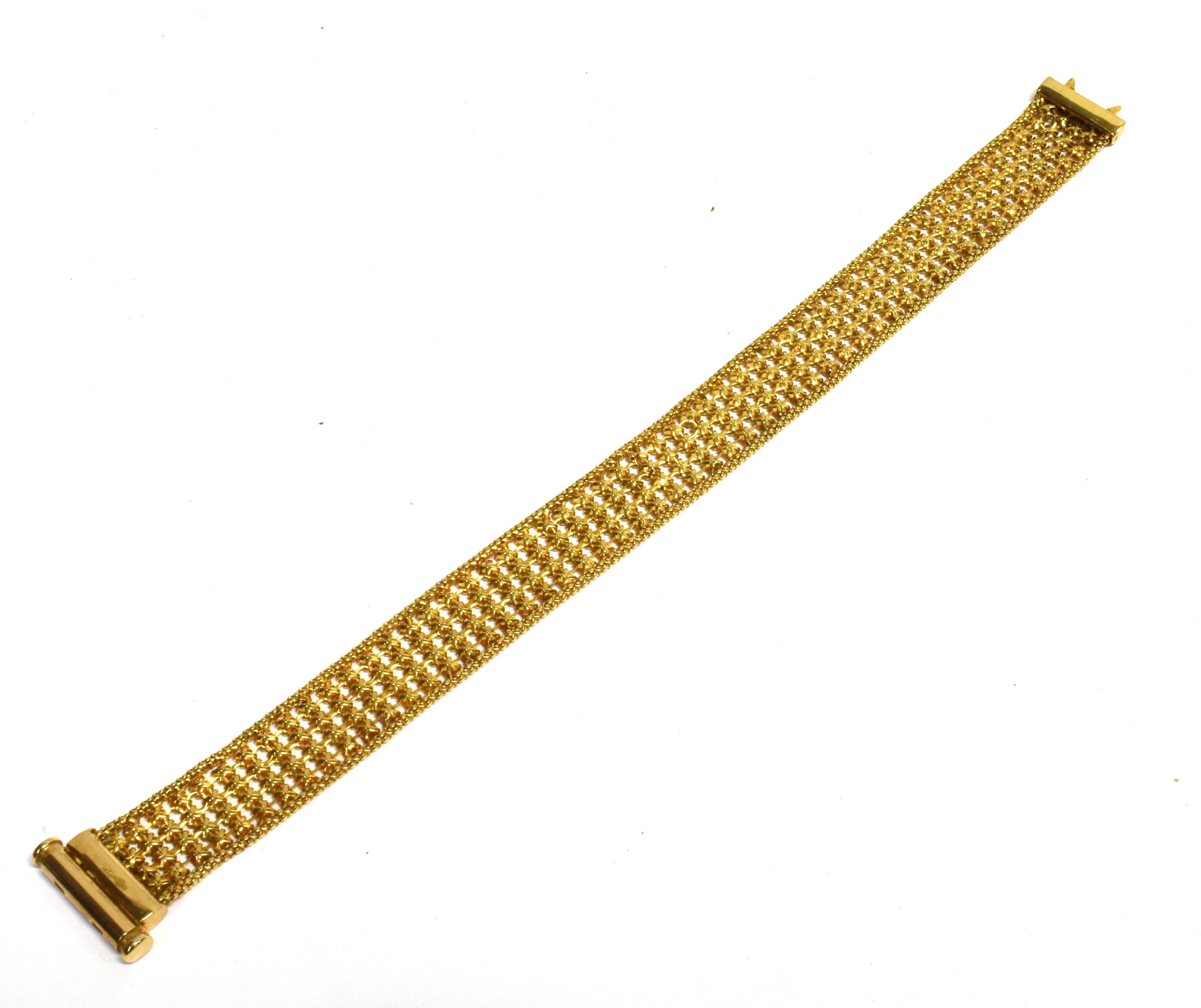 A 9CT GOLD FANCY LINK BRACELET the four row bracelet with octagonal shaped links to a tubular sprung - Image 3 of 3